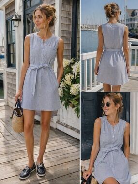 Vineyard Vines Blue and White Striped Sleeveless Midi Dress